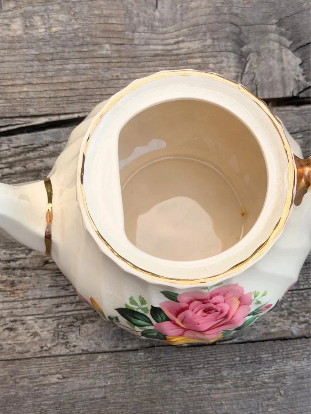 Vintage James Sadler Teapot Cabbage Rose Floral England Gold Trim Garden